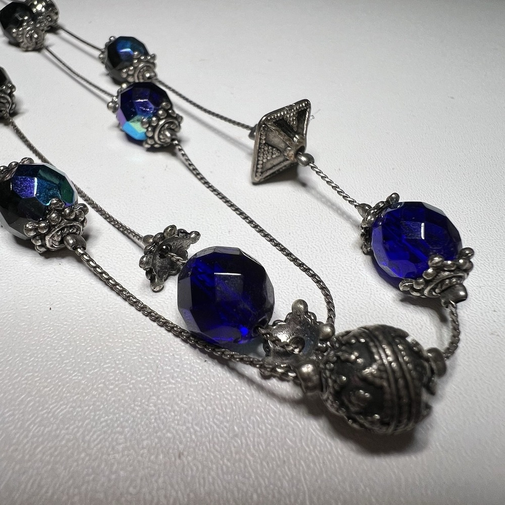 Chico's Blue Stone‎ Silver Tone Bead Necklace 3 Strand 18" Long 2.5" Extender
